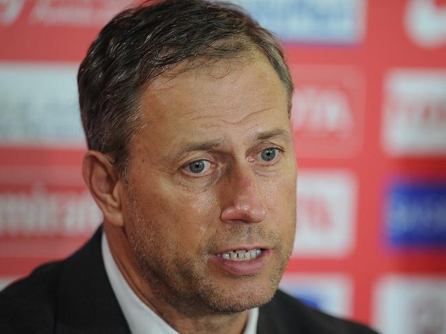 BRISBANE, AUSTRALIA - JANUARY 10: Alain Perrin, head coach of China PR speaks during a press conference after the 2015 Asian Cup match between Saudi Arabia and China PR at Suncorp Stadium on January 10, 2015 in Brisbane, Australia. (Photo by Matt Roberts/Getty Images)