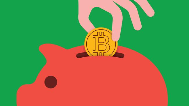 Cryptocurrency bitcoin savings investment conceptual illustration. Hand placing bitcoin into a piggy bank.