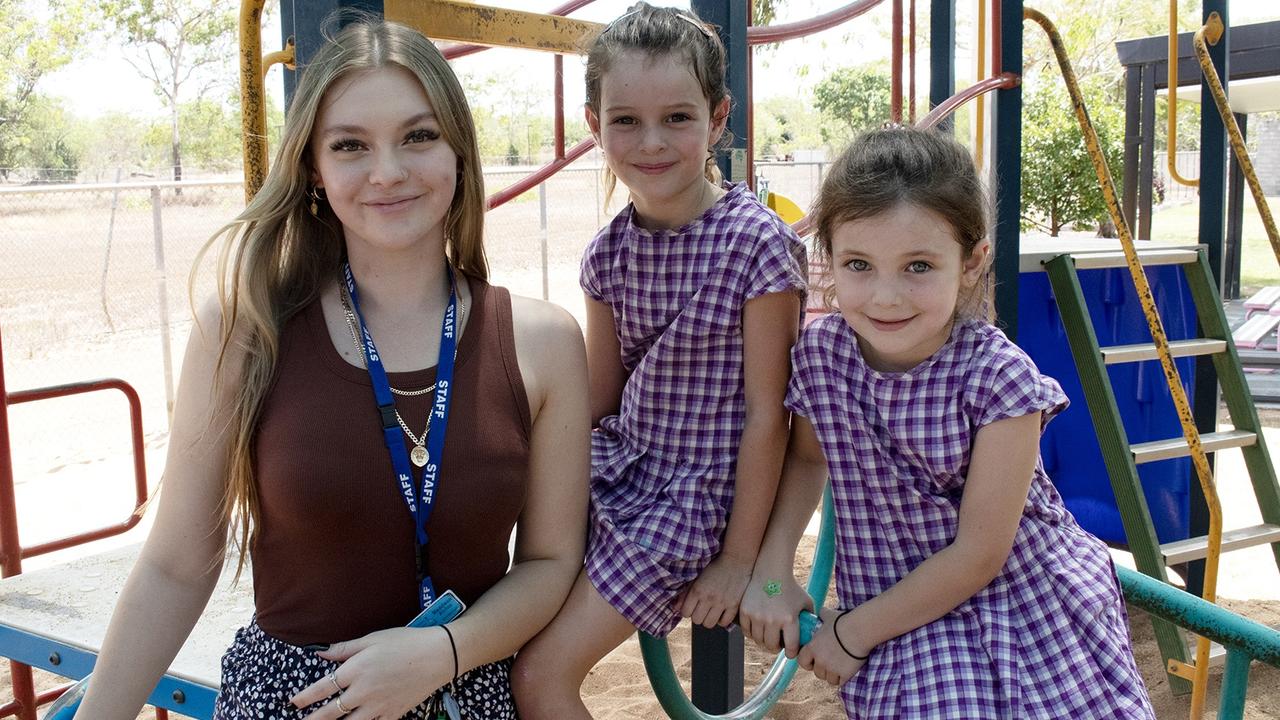 HOWARD SPRINGS PRIMARY SCHOOL Transition: Teacher Assistant: Maddison Alchin with students Layla Boustead and Alannah Paddick. Picture: Renee Buckingham