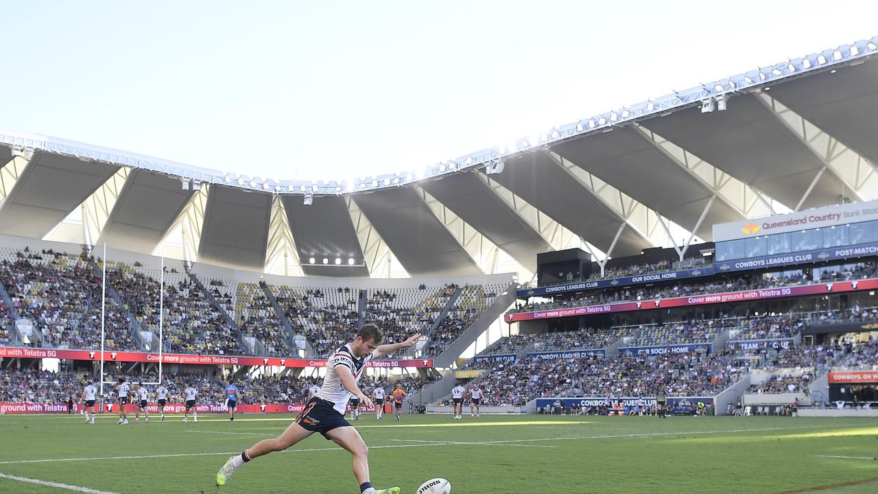 TOWNSVILLE, AUSTRALIA – JULY 17: Sam Walker of the Roosters attempts a conversion kick during the round 18 NRL match between the North Queensland Cowboys and the Sydney Roosters at QCB Stadium, on July 17, 2021, in Townsville, Australia. (Photo by Ian Hitchcock/Getty Images)