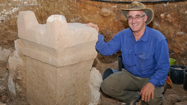 Ancient evidence ... Aren Maeir, Professor of Archaeology at the Martin (Szusz) Department of Land of Israel Studies and Archaeology at Bar-Ilan University, with a Philistine alter. Source: Supplied