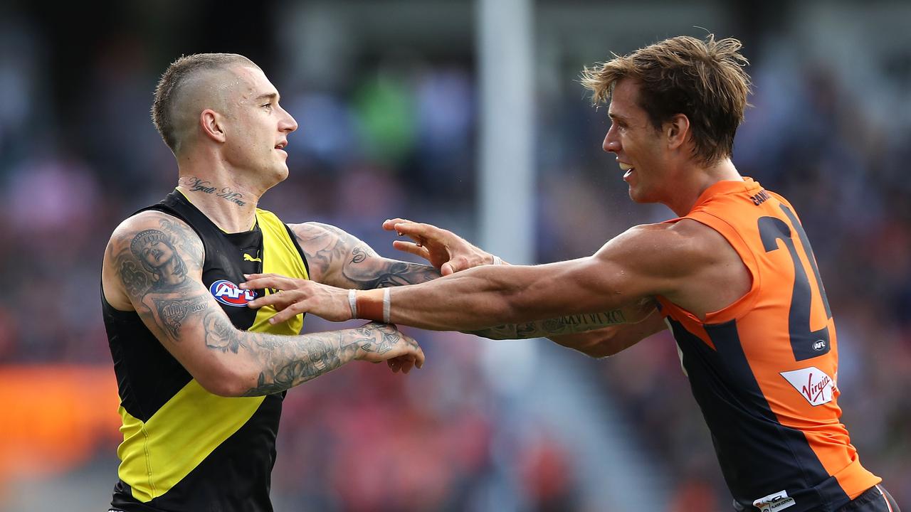 Dustin Martin copped plenty of attention from GWS Giants tagger Matt de Boer. Photo: Mark Kolbe/Getty Images.