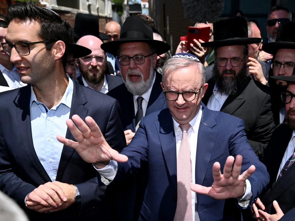 Prime Minister Anthony Albanese leaves after visiting the Adass Israel Synagogue after a firebombing in Melbourne. Picture: AAP