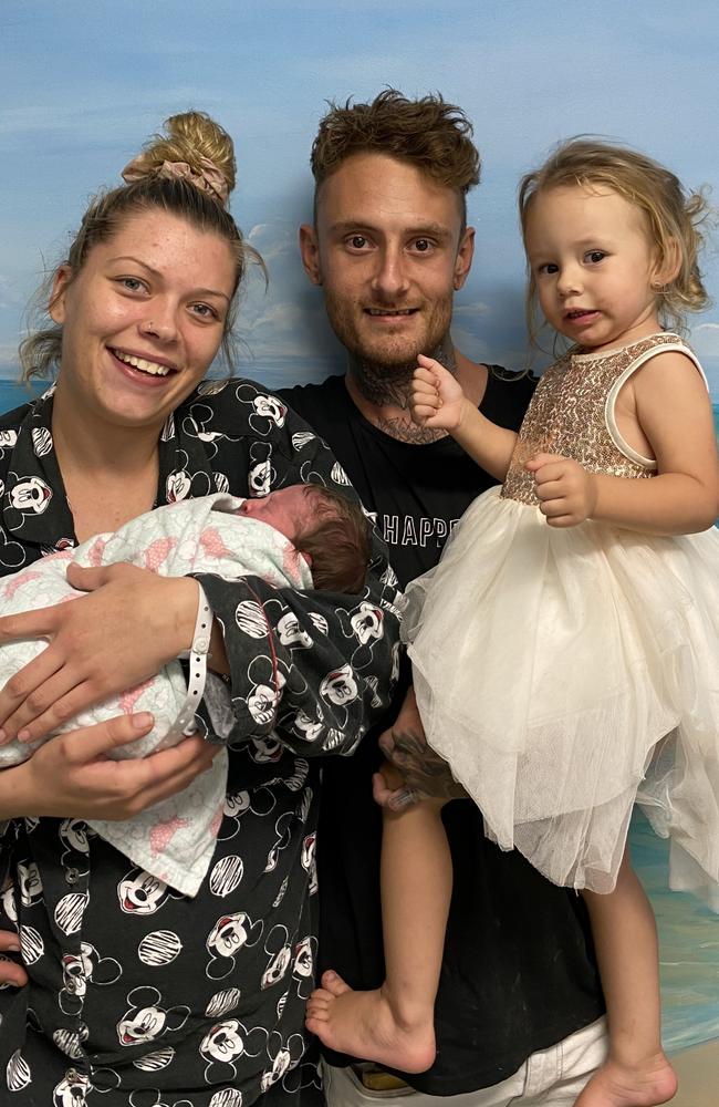 Whitsunday family Hanna Morice holding baby Freya Tischler, partner Braid Tischler with their eldest daughter Faith Tischler, 2. Picture: Contributed