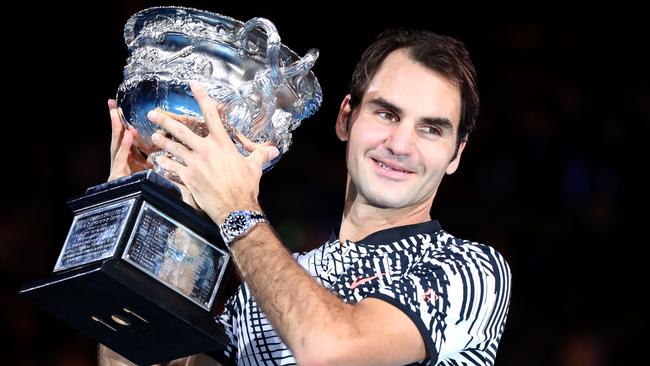 The Fed is all smiles with his fifth Norman Brooke’s Challenge Cup. Picture: Getty Images