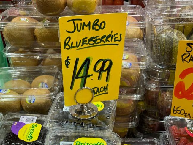 Jumbo blueberries for sale for $14.99 a punnet at Aubergine’s in the Central Market. Picture: Supplied