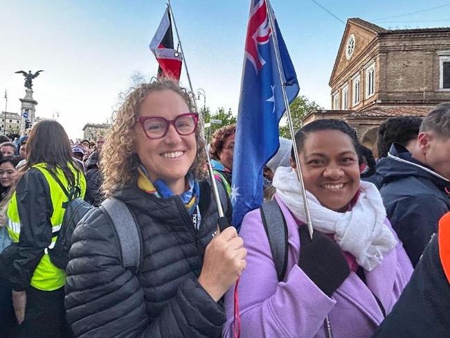 Rachel McLean, 49, and Helena Tutoe, 43, both from Cairns queued for hours to attend Pope Francis' funeral. Picture: Sophie Elsworth.
