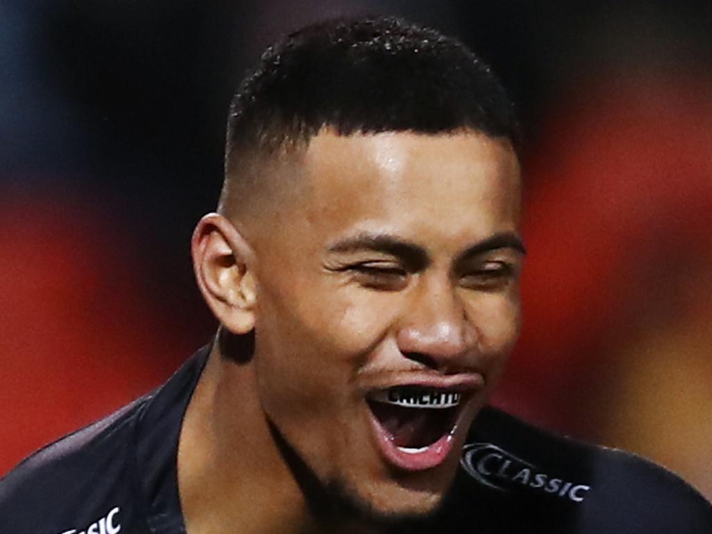 SYDNEY, AUSTRALIA - AUGUST 09: Nathan Cleary of the Panthers celebrates with team mates after scoring a try during the round 21 NRL match between the Penrith Panthers and the Cronulla Sharks at Panthers Stadium on August 09, 2019 in Sydney, Australia. (Photo by Brendon Thorne/Getty Images)