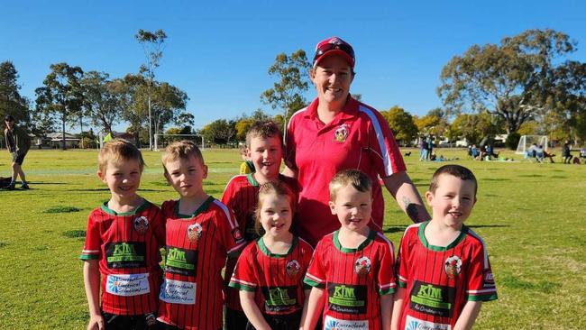 Celebrating being named Team of the Week are Pittsworth Pumas (back from left) Jayden Scott-Smith, coach Angela Scott, Raymond Pembleton, Logan Harris, Mackenzie Leahy, Lucas Pearce, Slade McKenzie