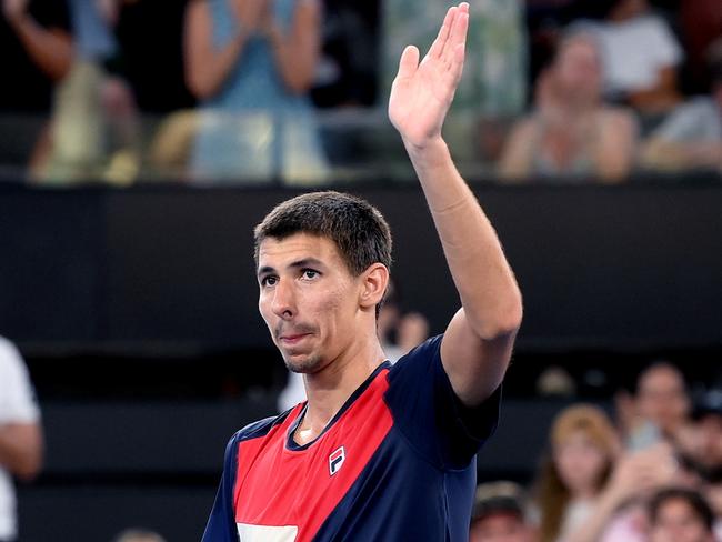 BRISBANE, AUSTRALIA - DECEMBER 31: Alexei Popyrin of Australia celebrates victory after his match against Christopher OÃ¢â¬â¢Connell of Australia during day one of the  2024 Brisbane International at Queensland Tennis Centre on December 31, 2023 in Brisbane, Australia. (Photo by Bradley Kanaris/Getty Images)