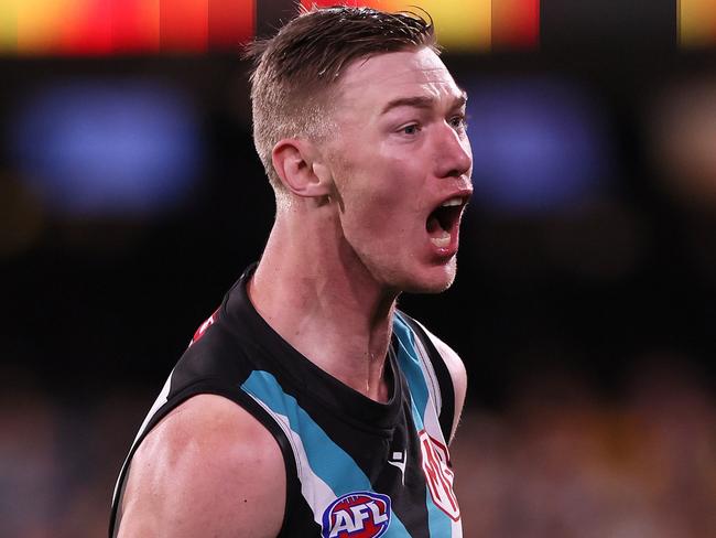 ADELAIDE, AUSTRALIA - SEPTEMBER 13: Todd Marshall of the Power celebrates a goal during the AFL 2024 Second Semi Final match between the Port Adelaide Power and the Hawthorn Hawks at Adelaide Oval on September 13, 2024 in Adelaide, Australia. (Photo by James Elsby/AFL Photos via Getty Images)