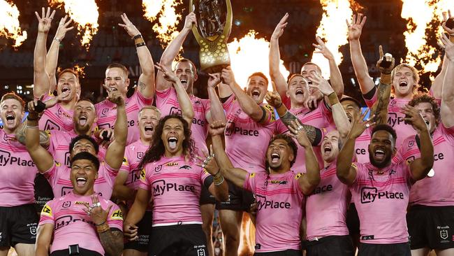 DAILY TELEGRAPH OCTOBER 6, 2024. Panthers celebrating winning the NRL Grand Final against Melbourne Storm at Accor Stadium, Sydney Olympic Park. Picture: Jonathan Ng