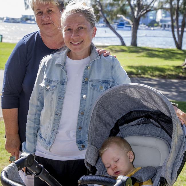 Faces of the Gold Coast at Paradise Point. Debra Jarman, Nicole Sinclair and Geoge Sinclair, 7 months. Picture: Jerad Williams