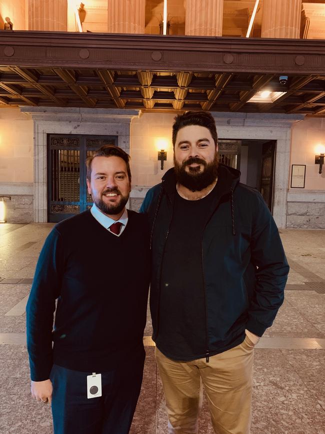 Cr Jared Cassidy (Deagon) and Eddie Synot outside City Hall after the motion to recognise the Uluru Statement from the Heart was supported by Brisbane City Council. Picture: Supplied