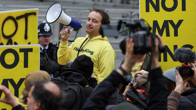 Graham Smith rallies anti-monarchy protesters outside Westminster Abbey in London in March. Pictures: Reuters