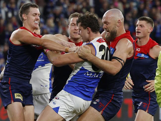 MELBOURNE, AUSTRALIAÃ June 22 , 2024.  AFL Round 15. Melbourne vs North Melbourne at the MCG.    Half time melee   . Pic: Michael Klein