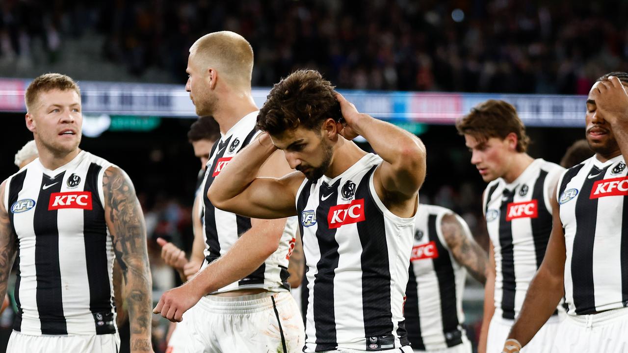 Josh Daicos of the Magpies looks dejected after a loss during the 2024 AFL Round 02 match between the St Kilda Saints and the Collingwood Magpies. (Photo by Michael Willson/AFL Photos via Getty Images)