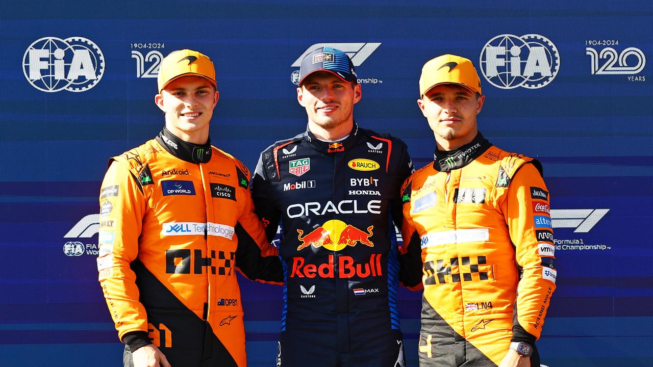 Pole position qualifier Max Verstappen, Oscar Piastri and Lando Norris. (Photo by Mark Thompson/Getty Images)