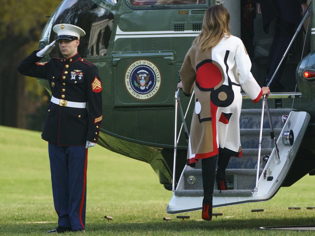 Melania Trump boards Marine One for the short trip to Andrews Air Force Base and onto Mar-a-Lago for Thanksgiving. (AP Photo/Carolyn Kaster)