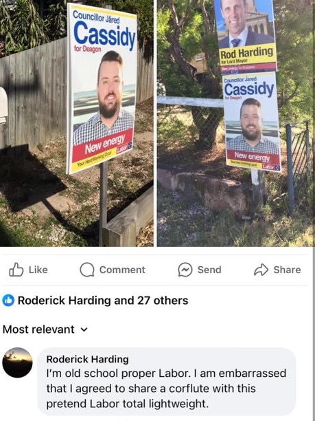 One-time Labor Brisbane Lord Mayoral candidate Rod Harding takes aim at current Labor council leader Jared Cassidy on Facebook. Picture: Facebook