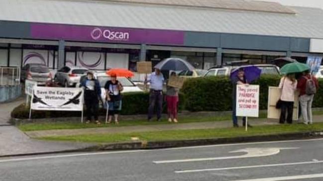 Protesters outside the Minister’s office.