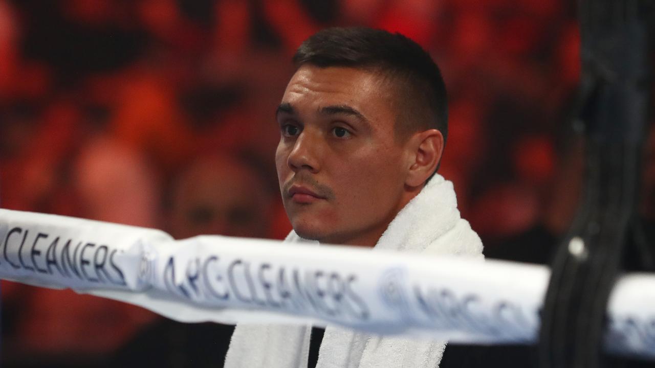 BRISBANE, AUSTRALIA - MARCH 03: Tim Tszyu watches brother Nikita Tszyu during the Super Welterweight bout between Nikita Tszyu and Aaron Stahl at Nissan Arena on March 03, 2022 in Brisbane, Australia. (Photo by Chris Hyde/Getty Images)