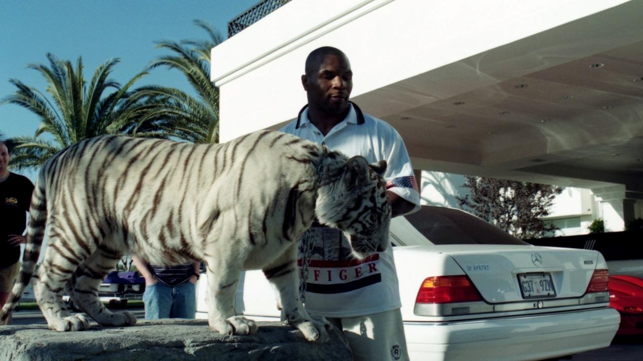 Mike Tyson poses with his white tiger during an interview at his home. Picture: The Ring Magazine via Getty Images).