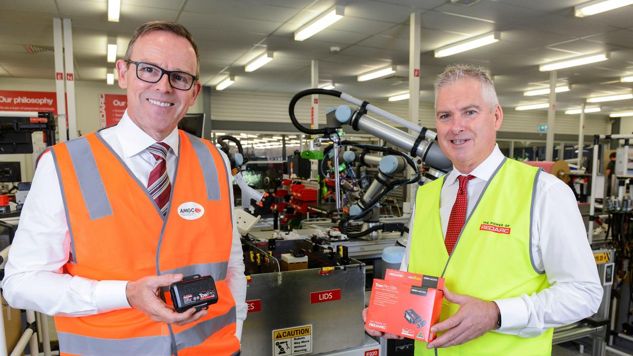 Advanced Manufacturing Growth Centre (AMGC) managing director, Dr Jens Goennemann and REDARC owner Anthony Kittel. Picture: Brenton Edwards