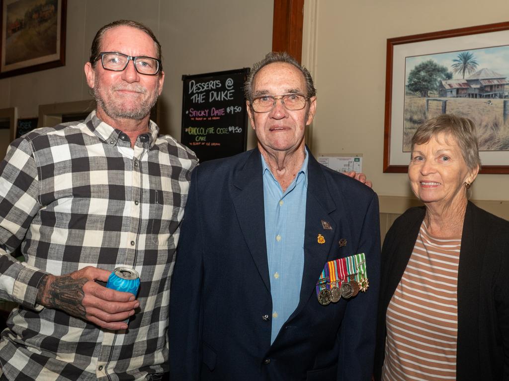 Brian Jones, Rodney Toohey and Marie Toohey 5am ANZAC Day Walkerston Friday 25 April 2025 Picture:Michaela Harlow