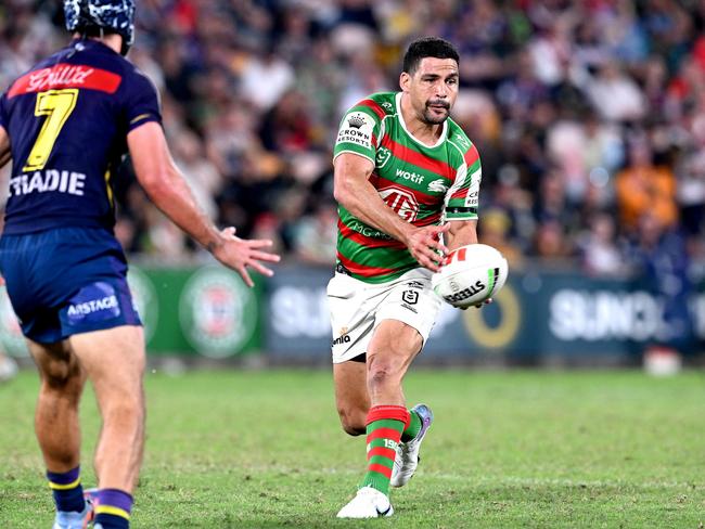 BRISBANE, AUSTRALIA - MAY 06: Cody Walker of the Rabbitohs passes the ball during the round 10 NRL match between Melbourne Storm and South Sydney Rabbitohs at Suncorp Stadium on May 06, 2023 in Brisbane, Australia. (Photo by Bradley Kanaris/Getty Images)