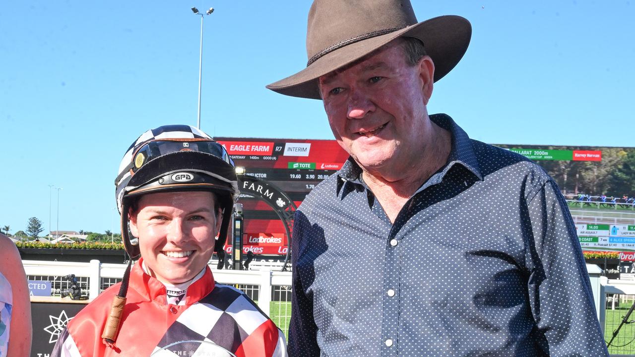 Jockey Cejay Graham and trainer Craig Cousins after the win of The Inflictor. Picture: Grant Peters/Trackside Photography