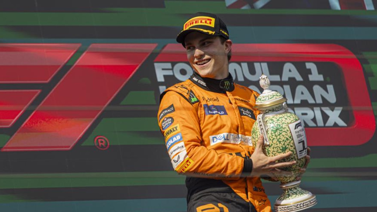 Oscar Piastri of Australia and McLaren F1 Team driver is holding the trophy after the race at the Formula 1 Hungarian Grand Prix in Mogyorod, Hungary, on July 21, 2024. (Photo by Robert Szaniszlo/NurPhoto via Getty Images)