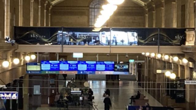 Adelaide Railway Station concourse with pedestrian airbridge.