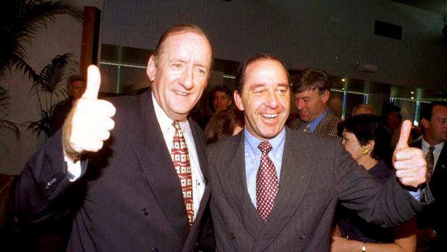 National Party leader Tim Fischer with the Queensland National Party leader Rob Borbidge in 1996. Mr Borbidge’s victory came just weeks before the Howard Government came to power federally.