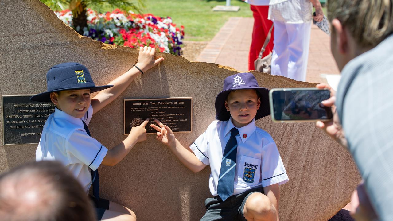 The family of Private Jack Boyd, who was a World War Two prisoner of War, at the new plaque at the Gatton Cenotaph. Photo: Ali Kuchel