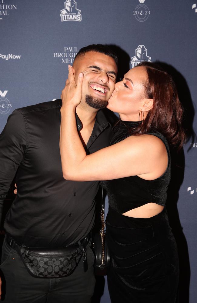 Tony Francis gets a kiss off mum Loleta at the Gold Coast Titans 2023 Paul Broughton Medal Awards Night. Picture: Glenn Hampson