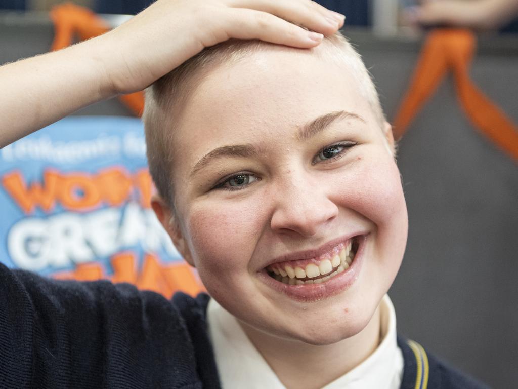 Katie Campbell after her shave as the Fairholme College community raise over $95k for the Leukaemia Foundation in the World's Greatest Shave, Friday, May 24, 2024. Picture: Kevin Farmer