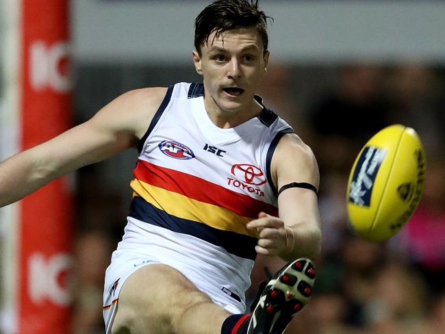 DARWIN, AUSTRALIA - JULY 15: Jake Lever of the Crows kicks the ball during the round 17 AFL match between the Melbourne Demons and the Adelaide Crows at TIO Stadium on July 15, 2017 in Darwin, Australia.  (Photo by Robert Cianflone/Getty Images)