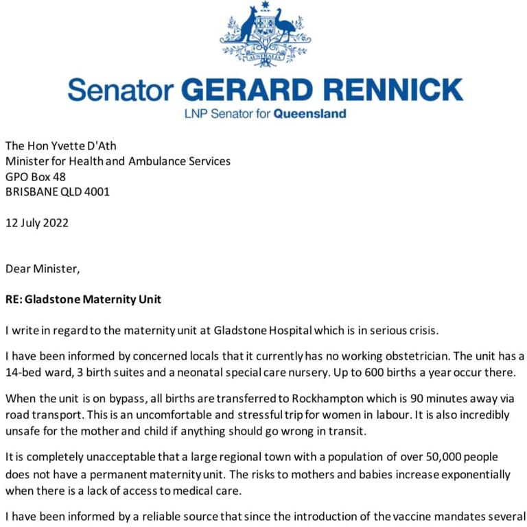 A screenshot of the letter sent by Senator Rennick to Queensland Health Minister Yvette D'Ath. Picture: Social Media