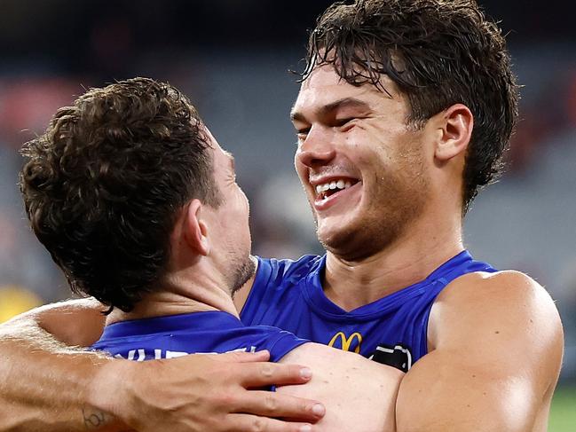 MELBOURNE, AUSTRALIA - APRIL 11: Lachie Neale (left) and Cam Rayner of the Lions celebrate during the 2024 AFL Round 05 match between the Melbourne Demons and the Brisbane Lions at the Melbourne Cricket Ground on April 11, 2024 in Melbourne, Australia. (Photo by Michael Willson/AFL Photos via Getty Images)