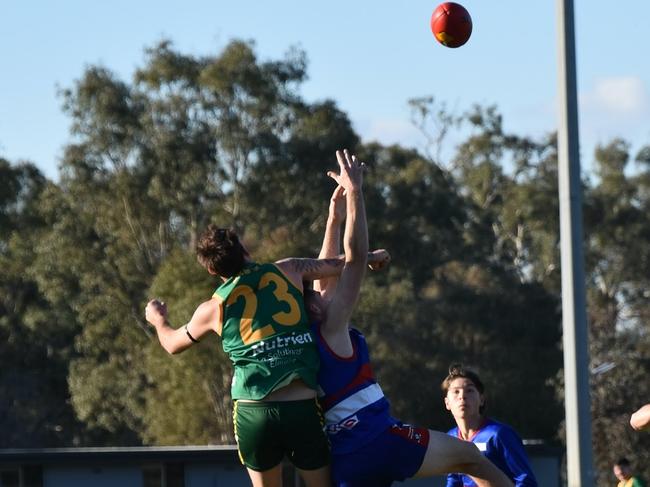 Colbinabbin players contest the football against North Bendigo. Picture: Colbinabbin Football Netball Club.