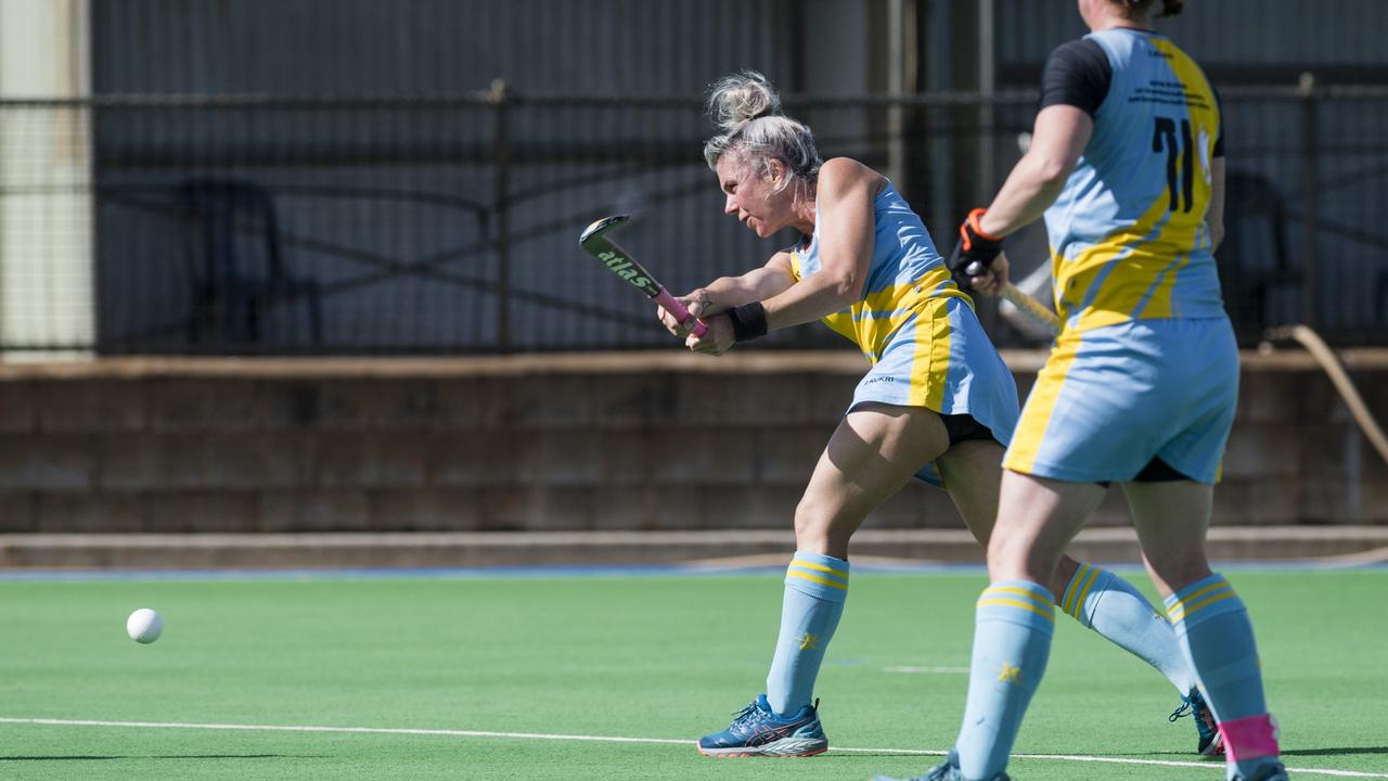 Carliha Brown of Cairns 1 against Redlands 1 in 2023 Hockey Queensland Womens Masters State Championships at Clyde Park. Picture: Kevin Farmer