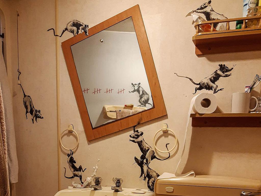 Banksy has revealed a rodent-themed installation inside his own bathroom. Picture: Supplied