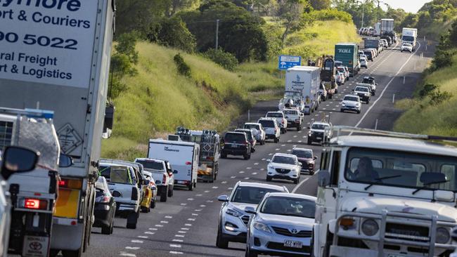 Traffic jam for miles as the flood damaged Bruce Highway causes massive delays between Maryborough and Gympie. Picture Lachie Millard