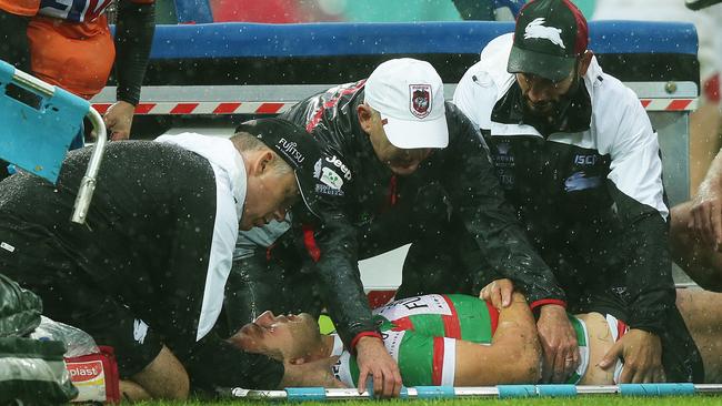 Sam Burgess after suffering a neck injury against the Dragons in 2016. Picture: Brett Costello