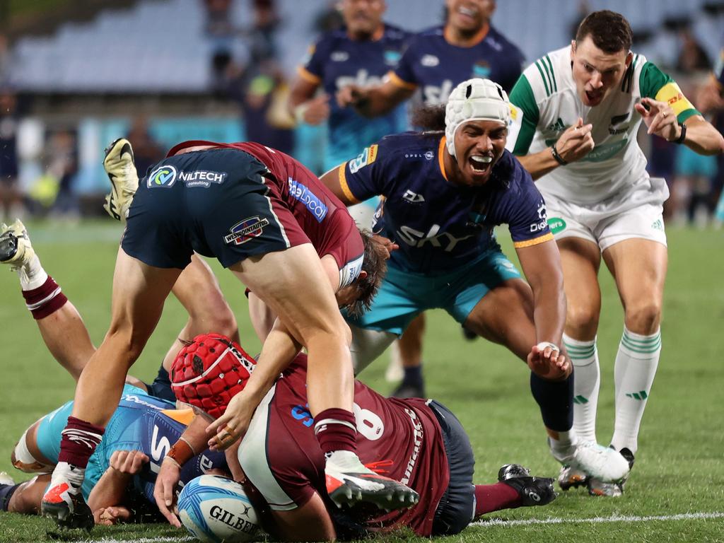 Moana Pasifika celebrate a try during the round eight Super Rugby Pacific win against Queensland Reds. Picture: Getty Images