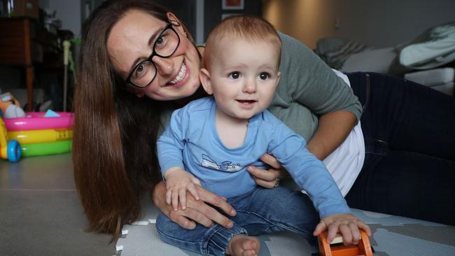 Laura Smith with nine-month-old Hunter at home in Sydney’s inner west. Picture: John Feder