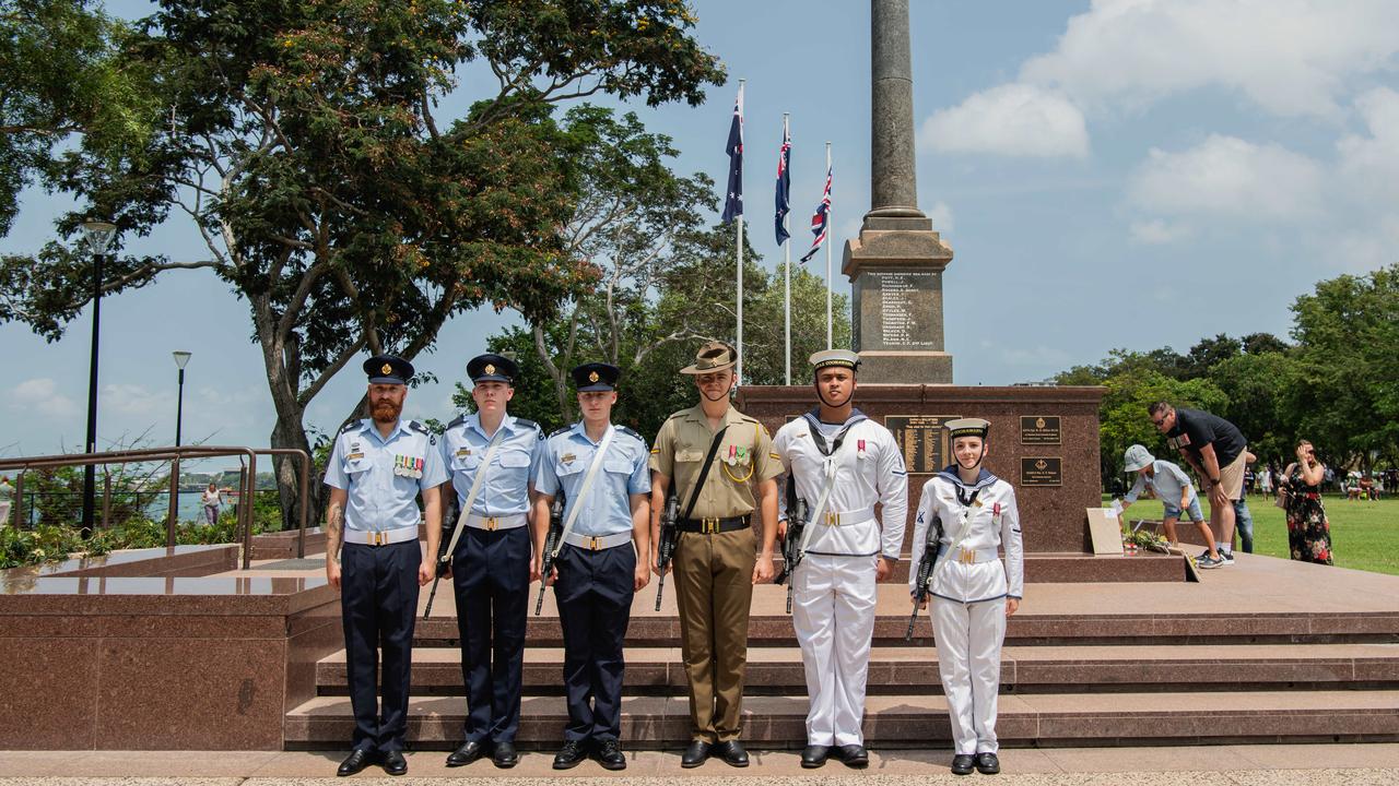 SGT Christopher Wallace, AC Bode Tuckerman, LAC Suitor, LCPL Jeffers, AB NICHOLS and Ab Smithers at the Darwin Cenotaph's Remembrance Day service. Picture: Pema Tamang Pakhrin