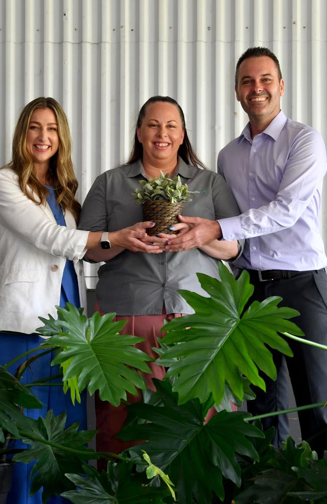 Funding announcement for Community Gro in Garbutt. Minister for Youth Justice and Victim Support and Minister for Corrective Services Laura Gerber with Community Gro CEO Kathryn Meehan and Member for Townsville Adam Baillie. Picture: Evan Morgan