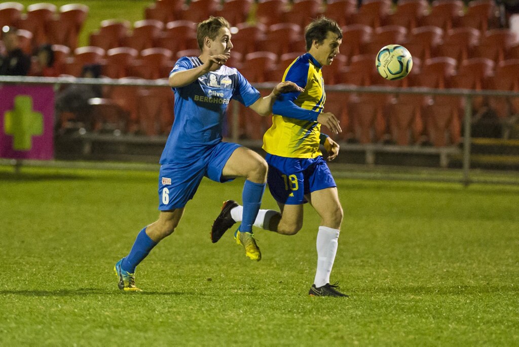 Jacob Bigby for South West Queensland Thunder against Brisbane Strikers in NPL Queensland men round 17 football at Clive Berghofer Stadium, Saturday, June 16, 2018. Picture: Kevin Farmer